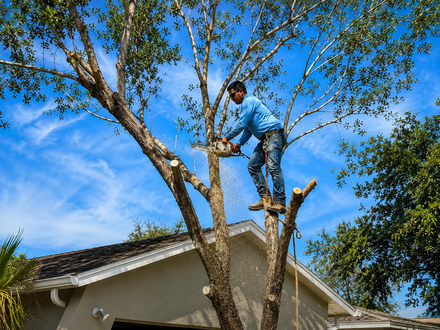 Professional tree trimming performed by OP Tree Services near a Central Florida home